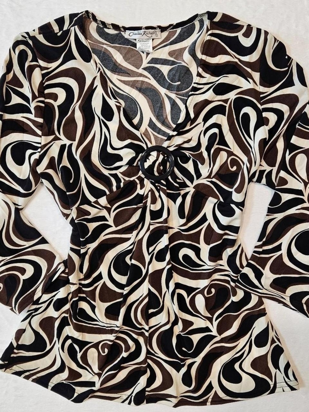 Vintage Claudia Richard Brown Black Cream Swirl Ring-Front Blouse 3/4 Sleeve XL